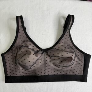 Cacique Bra Womens 38DD Black Sheer Polka Dot Mesh Bralette Wirefree Hook Back